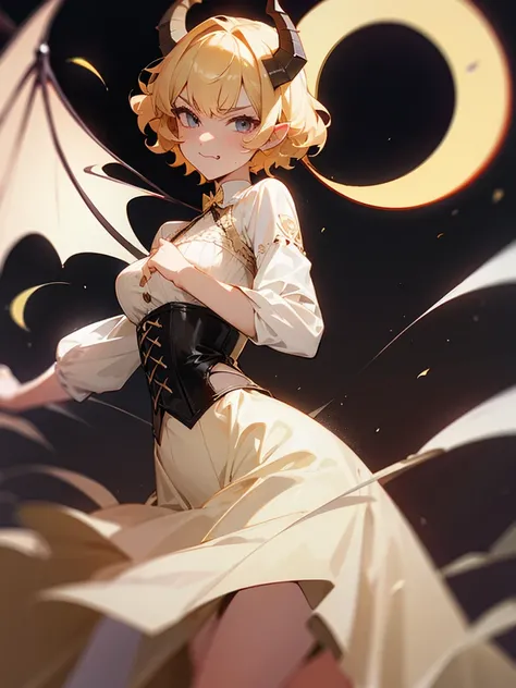 Curly horns Bat wings Great sword Black corset dress Sneer Blonde Short hair Curly hair Crescent moon