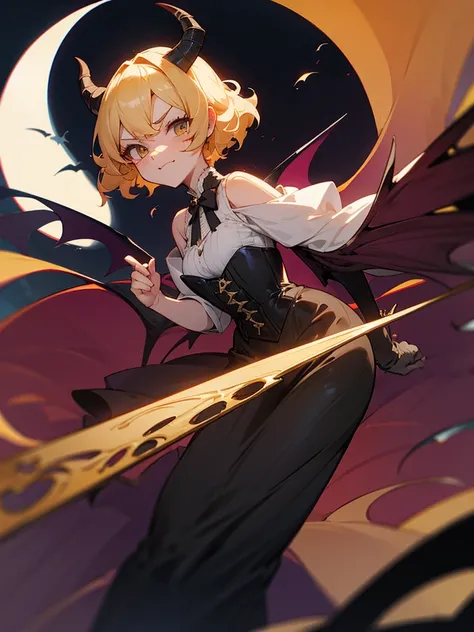 Curly horns Bat wings Great sword Black corset dress Sneer Blonde Short hair Curly hair Crescent moon