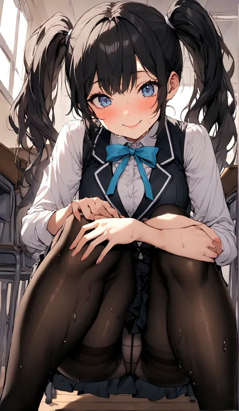 Gal High School Girl、One girl in a mini skirt, Spread your legs wide、Looking down at the viewer, Twin tails, Highest quality, Focus on the thighs,, smile, blazer, blouse, Black Pantyhose, panties under pantyhose, , classroom, Black Hair,My thighs are steam...