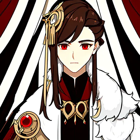 masterpiece, best quality, simple background, simple background, simple background, simple background, portrait, solo, 1boy, 30 years old, white fur coat on the shoulders, dark brown hair, red inserts in clothes, dark red eyes, master of the order