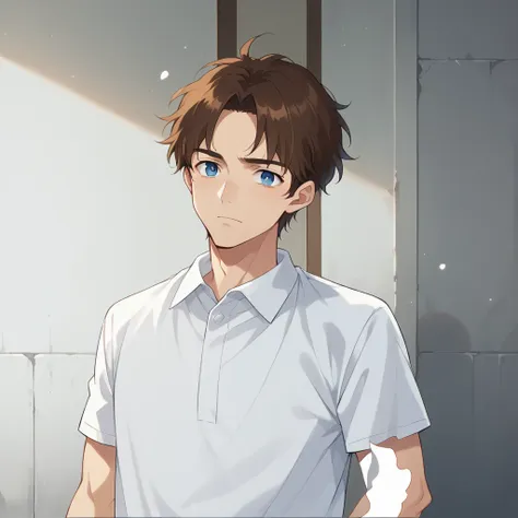 blue eyes and brown hair、anime boy in a white shirt, tall anime guy with blue eyes, semi-realistic anime, in games, smooth anime...