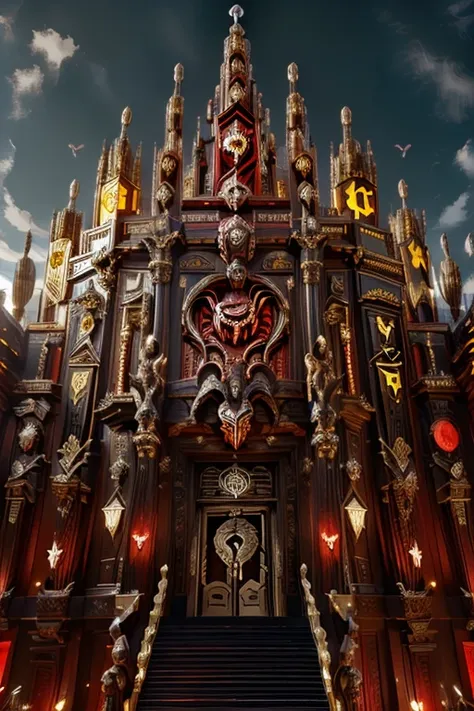 exterior of the huge palace, design aggressivo, ((scorpion theme)), cyberpunk stile, ((exterior full view)), red black gold colo...