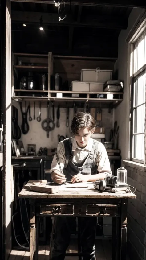 A small, modest workshop with simple tools and equipment. A young man working diligently on an electrical device. Early 20th century, sepia tone.
