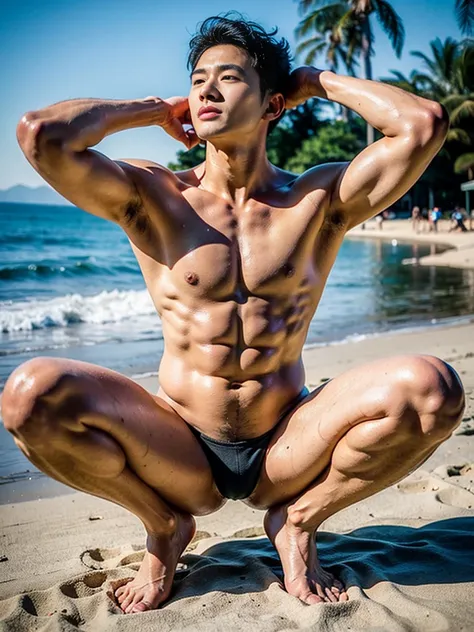 Realistic photography, 8k , handsome young muscular Korean man, wearing no shirt , wearing only black thong, beach, squating, lifted arms, spread legs
