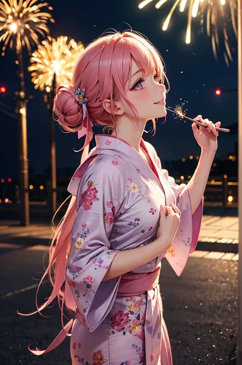 (Best Quality,High resolution,8K,finelity detailed background,Masterpiece:1.2),beautiful girl,Shiny pink hair,hair bun,Beautiful pink eyes,Gentle look,A refreshing look,Best quality,Best Quality,Aesthetic and aesthetic:1.2,Best details((Super detailed))(Hi...