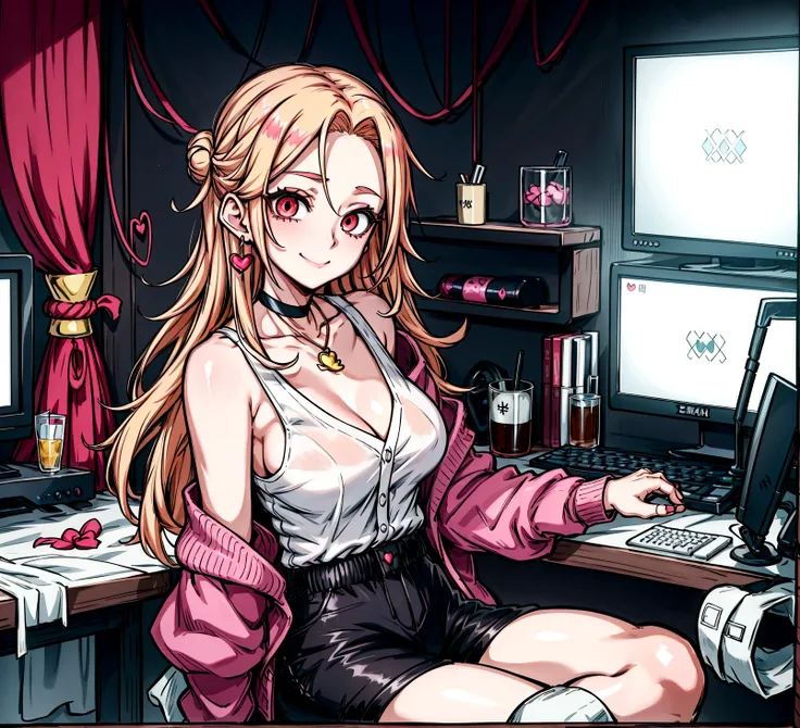 ((최고의 품질)), ((걸작)), (상세한), 여자 1명, Create an anime-style digital artwork of a character with long, straight, sleek blonde hair and bright red eyes. The character is wearing a white cardigan over a black tank top and dolphin shorts. She is accessorized with ...