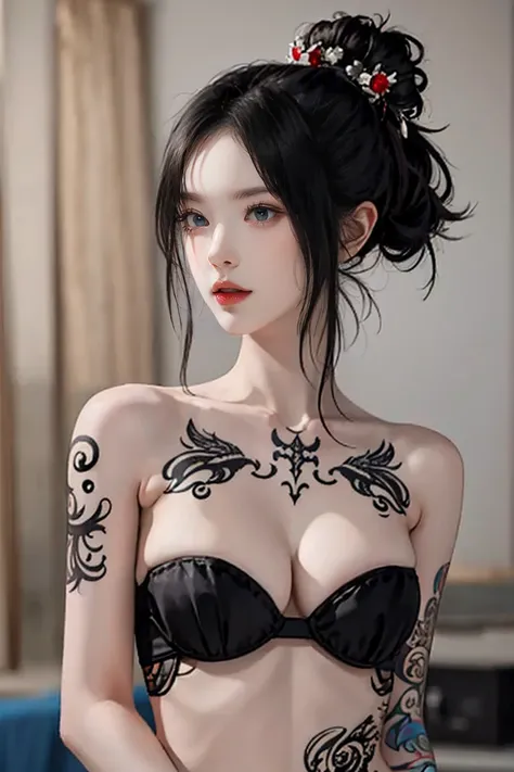 masterpiece, Highest quality, Very detailed, shape,(1 female),Beautiful attention to detail, View your audience, close, (Big Breasts), black tattoo, tattoo, chest tattoo, arm tattoo, rib tattoo, breast tattoo, cleavage tattoo, neck tattoo, shoulder tattoo,...