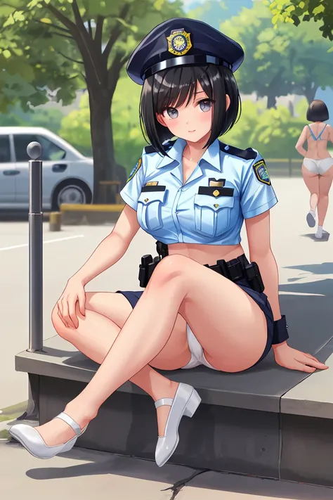 Black Hair　Beautiful breasts　clear　Short Bob　hair band　policewoman　White panties　Beautiful feet　White shoes　summer　Outdoor