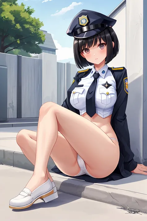 Black Hair　Beautiful breasts　clear　Short Bob　hair band　policewoman　White panties　Beautiful feet　White shoes　summer　Outdoor