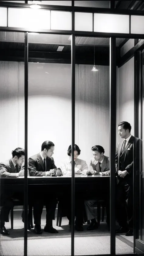 A group of well-dressed businessmen in an office, signing documents and shaking hands. The setting is a formal meeting room with traditional Japanese decor. Mid 1930s, sepia tone.
