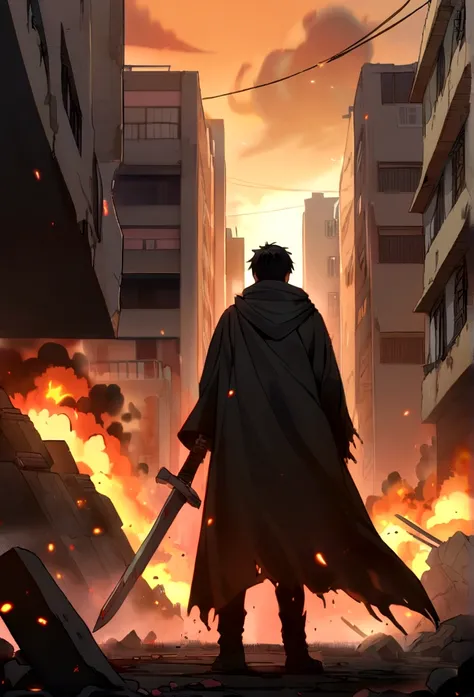 Young man with masked black hair wearing a black cloak holding a sword kills zombies in a city ravaged by fire and explosions 