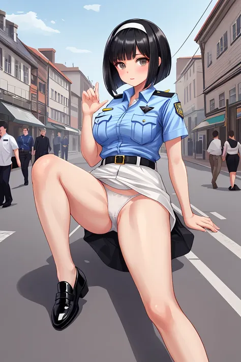 Black Hair　Beautiful breasts　clear　Short Bob　hair band　policewoman　White panties　Beautiful feet　Black shoes　In town