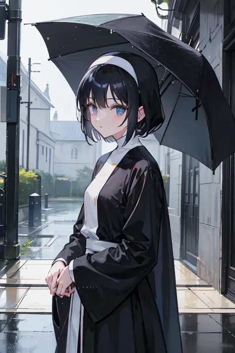 90s anime style。Location: Rainy Church。Boyish and dressed in a black nun&#39;s outfit、girl。