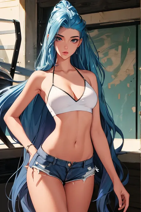 (best quality: 1.2), clean face, (masterpiece: 1.2, 8k) perfect anatomy, 1girl,a beautiful fashion model ,(masterpiece, official art, best quality ,long and shiny hair, blue hair with streaks in hair, long hair, full lips, slender body, slim body big breas...