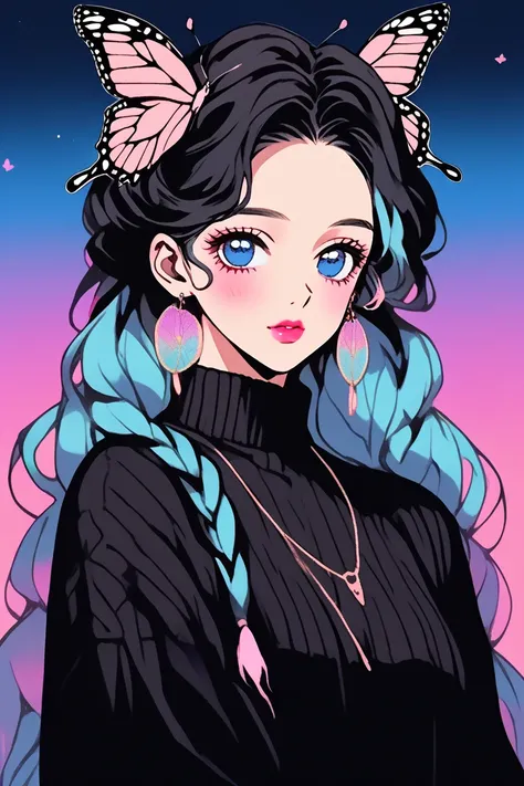 (Highest quality, sketch:1.2),Realistic,Illustrator,anime,1 Girl, Detailed lips,sweater,custom,Pink gradient background,Neon Hair,Texture Cropping,masterpiece, Style: Retro Classic, Dark Black、Braid、Under the Moon、Black Hair、Beautiful butterfly、２Two rainbo...