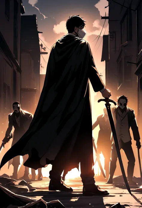 A boy with black hair and a mask wearing a black cloak holding a sword and killing zombies 