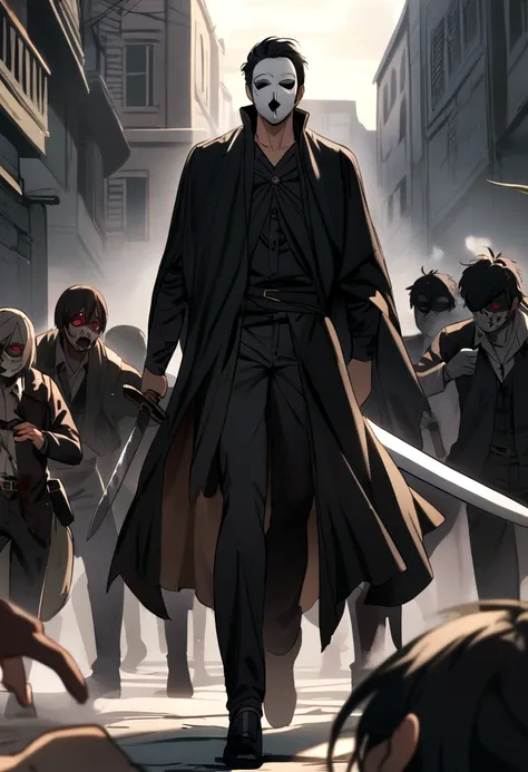 A boy with black hair and a mask wearing a black cloak holding a sword and killing zombies 