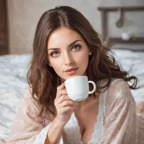 stubble beard woman with mustach, brown hair, amber eyes, in nightgown, drinks coffee