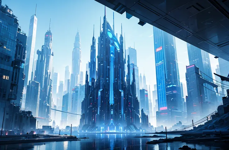 futuristic city, skyscraper, blue theme, blue light, HDR, 4k resolution, landscape