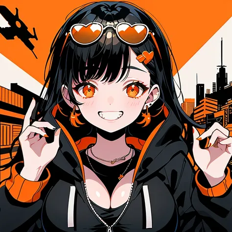 (Highest quality)One Girl,Black Hair,drooping eyes,bikini,hoodie,Big Breasts、Half Up,Grinning face,Orange sunglasses、whole body