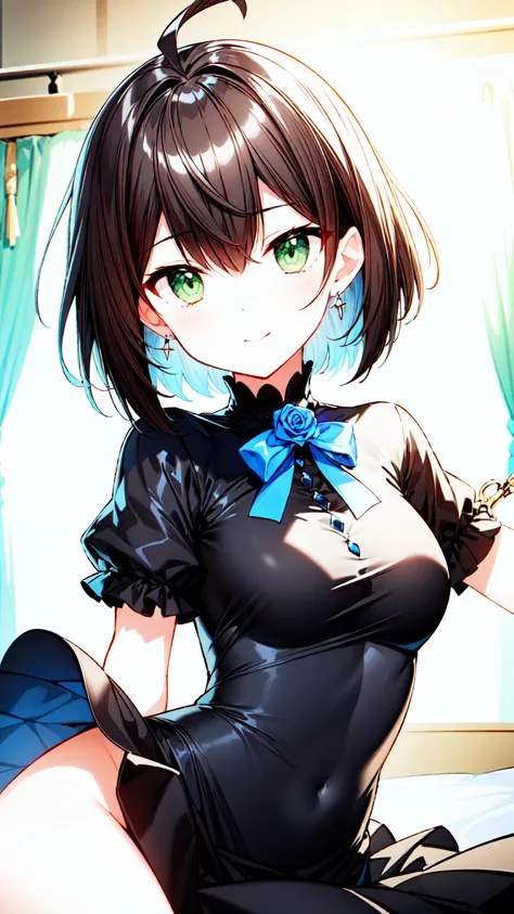 masterpiece, best quality, ultra-detailed, illustration, warm lighting, bright colors, 1girl,solo, short hair, black hair, green...