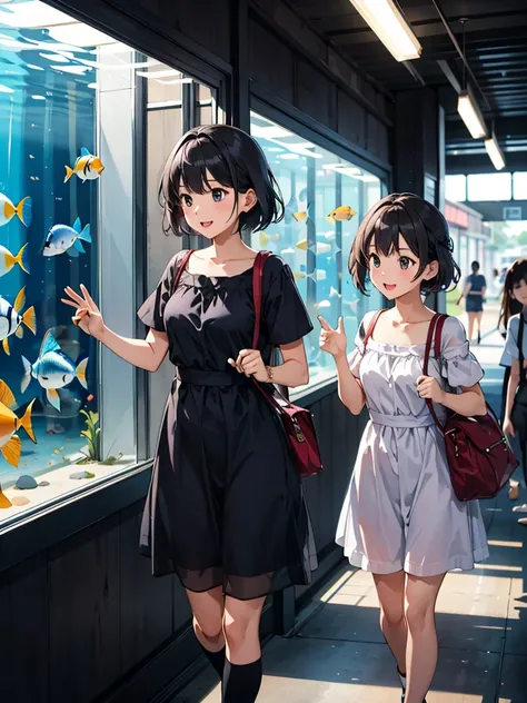 high resolution、Summer vacation、Girls going to the aquarium。They are excited to see the fish.。The outfit is a simple summer dress.。