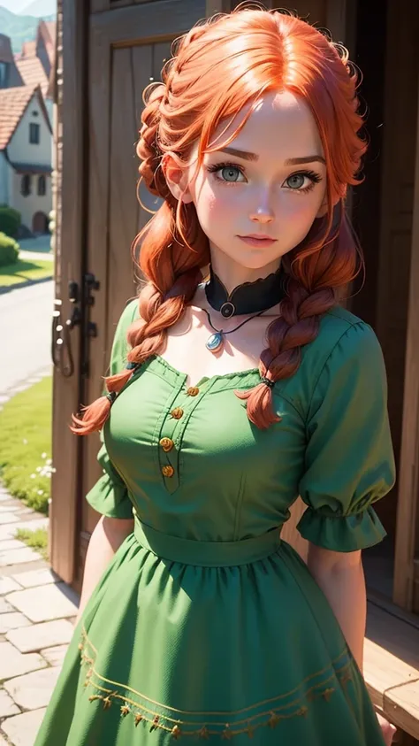 Create a live-action image of Anna from Disney’s Frozen. She should have red hair styled in an updo with braids, wear a green dress with a black choker necklace, and be set in a charming village with quaint buildings in the background. Ensure she has reali...