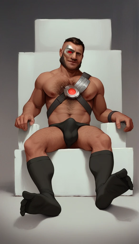 score_9, score_8_up, score_7_up, solo, male focus, mature male,  mkkan0, cybernetic eye, mutton chops, h4rness,  charming, full body shot, fully naked only wearing dark black detailed suit socks, mascular legs, hairy chest, hairy body, hairy legs, big foot...