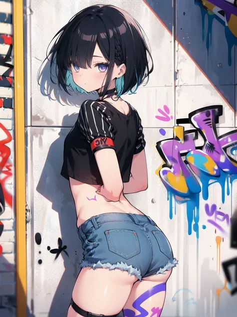 (Cowboy Shot), (Highest quality, Ultra-high resolution, Depth of written boundary:1.2), Adult, 1 Female, Toned body, Medium chest, Wide Hips, alone, Black Hair, Striped Hair, short hair, bangs, Black crop top, String, Denim shorts, choker, (graffiti:1.4), ...