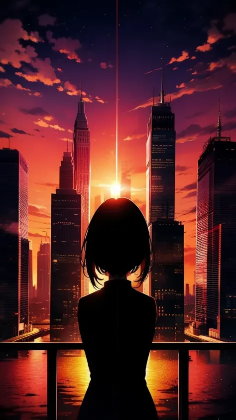 anime, (silhouette),1girl, star (sky), cloud, cityscape, building, city, outdoors, skyscraper, city lights, night, night sky, sunset, skyline