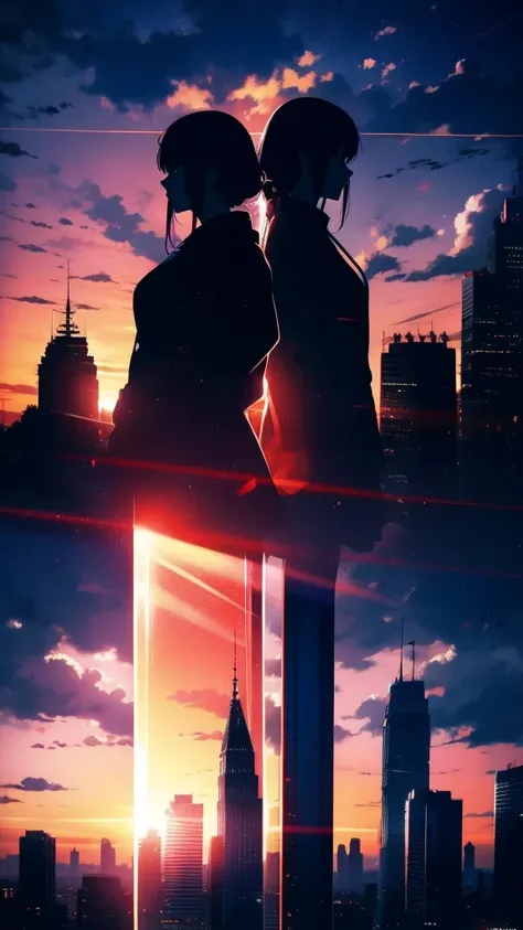 anime, (silhouette),1girl, star (sky), cloud, cityscape, building, city, outdoors, skyscraper, city lights, night, night sky, sunset, skyline