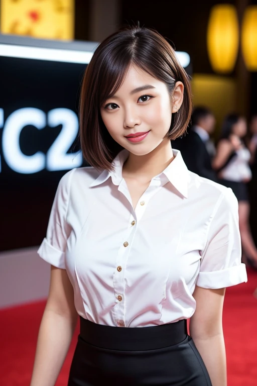 (A beautiful Japanese office lady, age 28, wearing formal White shirt with buttons & lime pencil skirt, walking on red carpet at "Cici Ai Awards 2025", friendly and feminine expressions, kind smile, dimpled chins, cute snaggle-tooth, short bob hair ponytai...