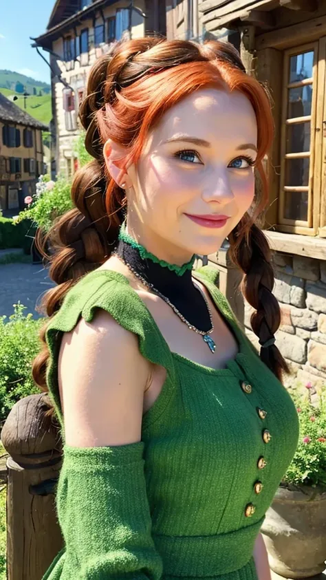 Create a live-action image of Anna from Disney’s Frozen. She should have red hair styled in an updo with braids, wear a green dress with a black choker necklace, and be set in a charming village with quaint buildings in the background. Ensure she has reali...