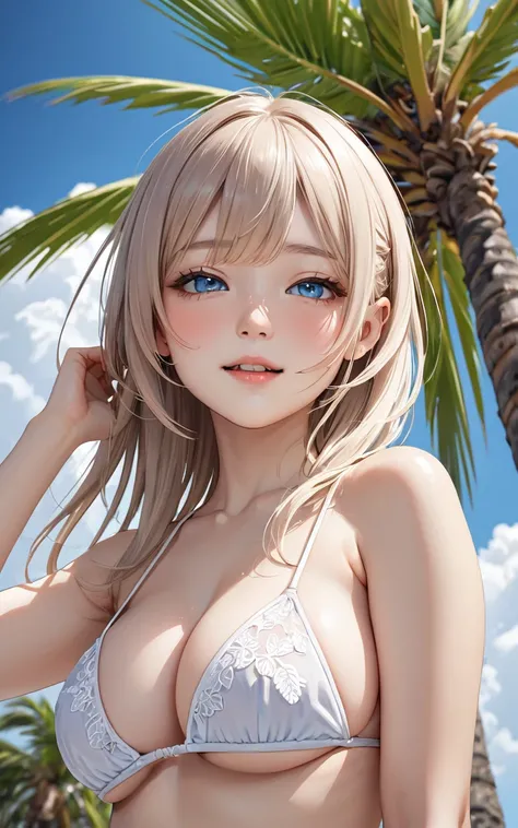 Highest quality、super high quality、16K, Delicious big breasts、Upper Body、The expression is a smile, The outfit is a bikini、The location is the beach、 Palm tree、cloud、The pose is seductive、 Hair color is random、Hair length is short、The angle is from below、C...