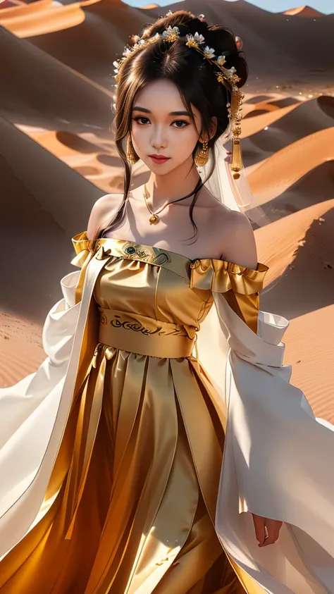 Girl in traditional Chinese clothing, Hanfu, Guzhen Hanfu women, White Hanfu,(long straight black hair:1.5), black eyes, black bun hairstyle, hair accessories ,gold long earrings, , Dia Necklace, Clear eyes, Facing forward,put on makeup, Long eyelashes ,(b...