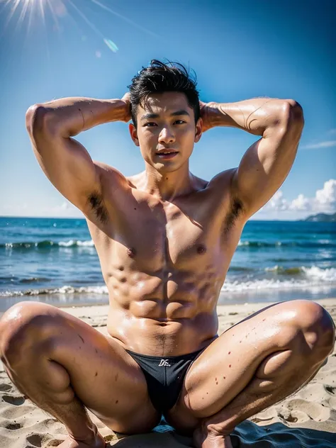 Realistic photography, 8k , handsome young muscular Korean man, wearing no shirt , wearing only black thong, beach, squating, lifted arms, spread legs
