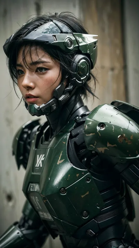 Textured skin, Very detailed, Attention to detail, high quality, 最high quality, High resolution, 1080P, hard disk, beautiful,(War Machine),beautifulサイボーグ女性,Mecha Cyborg Girl,Battle Mode,Girl with a mechanical body　Black Hair　Short Hair Boyish　Dark green ar...