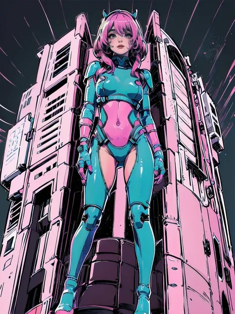 masterpiece, best quality, 1girl, solo, retro futuristic cyborgwoman, seamlessly blending mechanics and elegance. fit, small breasts, blueish skin, with magenta hair, fashion modeling pose, form fitting pastel green and pink with black colorblocking gundam...