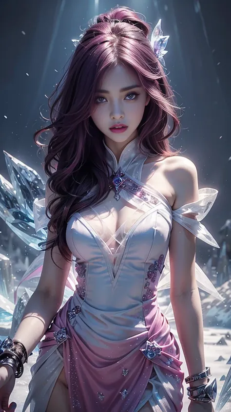 a beautiful ice goddess, good face, very long hair, realistic eyes, small breasts, ice magician, ice elemental, intricate design and details, chilling mist, cold, blizzard storm, conjuring ice spell, casting ice spell, detailed dress, (magenta dress:1.5), ...