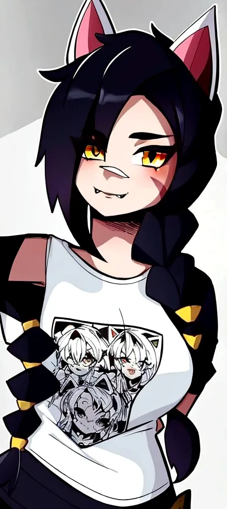 1 girl, Alone, wide, looking at the viewer, black fur, bandage on face, yellow eyes, animal ears, SMILE, bandage on nose, braid, cat ears, bandage, hits, old, fake animal ears, simple background, Open mouth, canine, , bare shoulders, SCAR, teeth, shirt, ba...