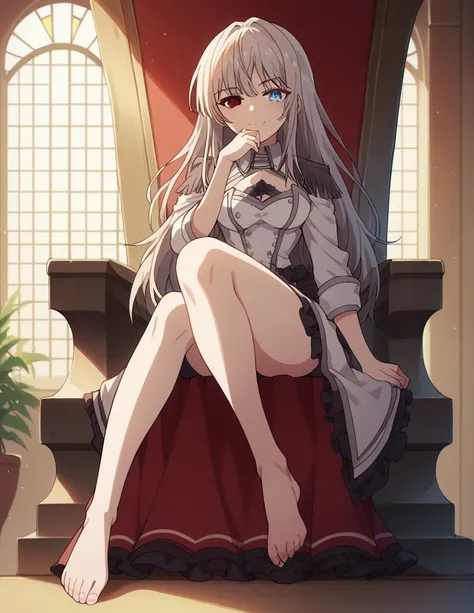 1girl, solo, full length, long hair, loose hair, medium breasts, looking at viewer, legs, hand, bangs, smile, heterochromia, red eyes, blue eyes, sitting, arrogant smile, legs, cleavage, indoors, on the throne, closed mouth, heterochromia, crossing legs, h...