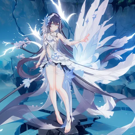 ((a far view)) of a anime girl, (standing in the water), cinematic light, slim body with curves, skin perfectly white, soft, and...