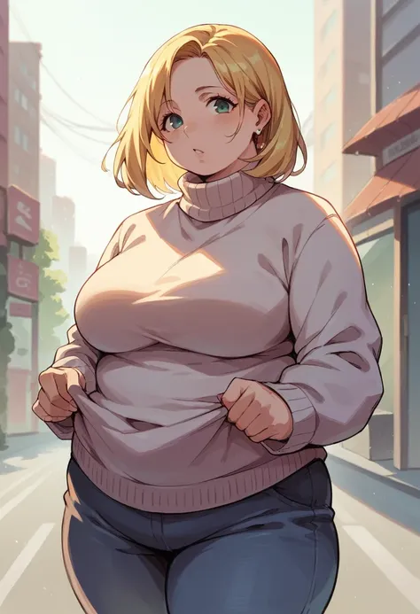 masterpiece, best_quality, 1girl, solo, super pochaco, blonde hair, plump, sweater, city