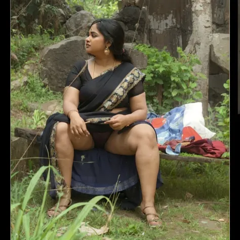 Sexy Indian aunty bangali actress monalisa sitting on swing, fatty thighs, fatty body chubby body type big fat body, bbw women, wearing red panty,blue long dress ,pink top,bbw,,big size body, spreding legs,clothes colour is red