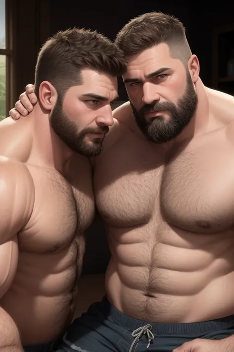 8KUHD Very Extremely Realistic Very Detailed High Quality Create a professional studio-style photograph featuring two middle-aged daddy muscle bears , burly, very hairy, very beared big daddy bear,  and very realistic detailed rugged burly man and his husb...