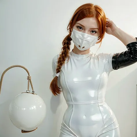 Ginger girl in white latex, with a blindfold, tied up, with a ball in her mouth, bondage