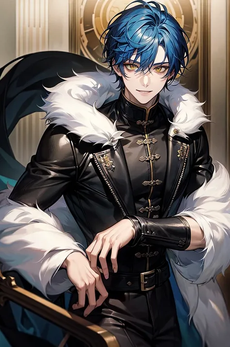 masterpiece, alone, 1 male, short hair, Blue Hair, Yellow Eyes, Black Leather, fur, Smile Facial