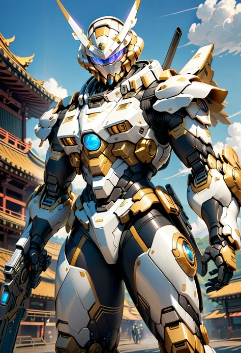 Mecha Samurai,photorealistic,1Man, Wearing blue glowing sci-fi glasses, defined and athletic body, white science fiction costume clothes with golden details, look forward, confident,