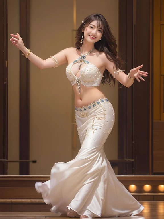 Photo-realistic quality、ステージ上で透け感のあるドレスを着てBelly danceを踊る日本人アイドル, Sheer bottoms、Belly dance, She is dressed as a belly dancer, gracefully Belly dance pose, Full Body Shot, Beautiful skinny Japanese model、the waist is thin and constricted,、Detailed and beaut...