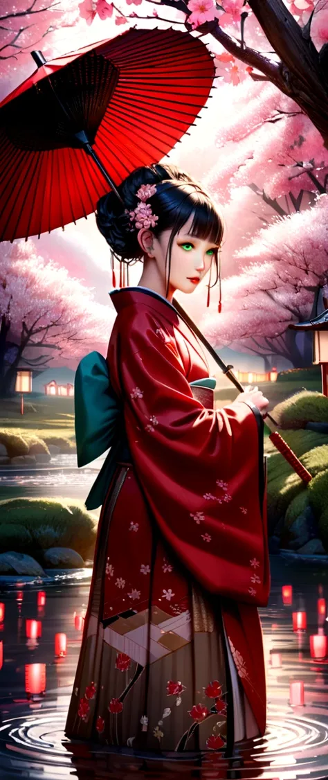 (best quality, highres, ultra-detailed, photorealistic), anime, dark-skinned geisha, green eyes, umbrella, fan, traditional Japanese costume, delicate makeup, intricate hairstyle, mysterious atmosphere, glowing lanterns, cherry blossom backdrop, dimly-lit ...